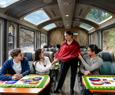 demonstration of alpaca ponchos on the train